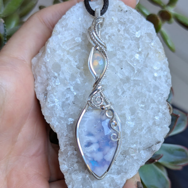 Plume Agate Doublet & Welo Opal Wire Wrapped Pendant in Sterling Silver