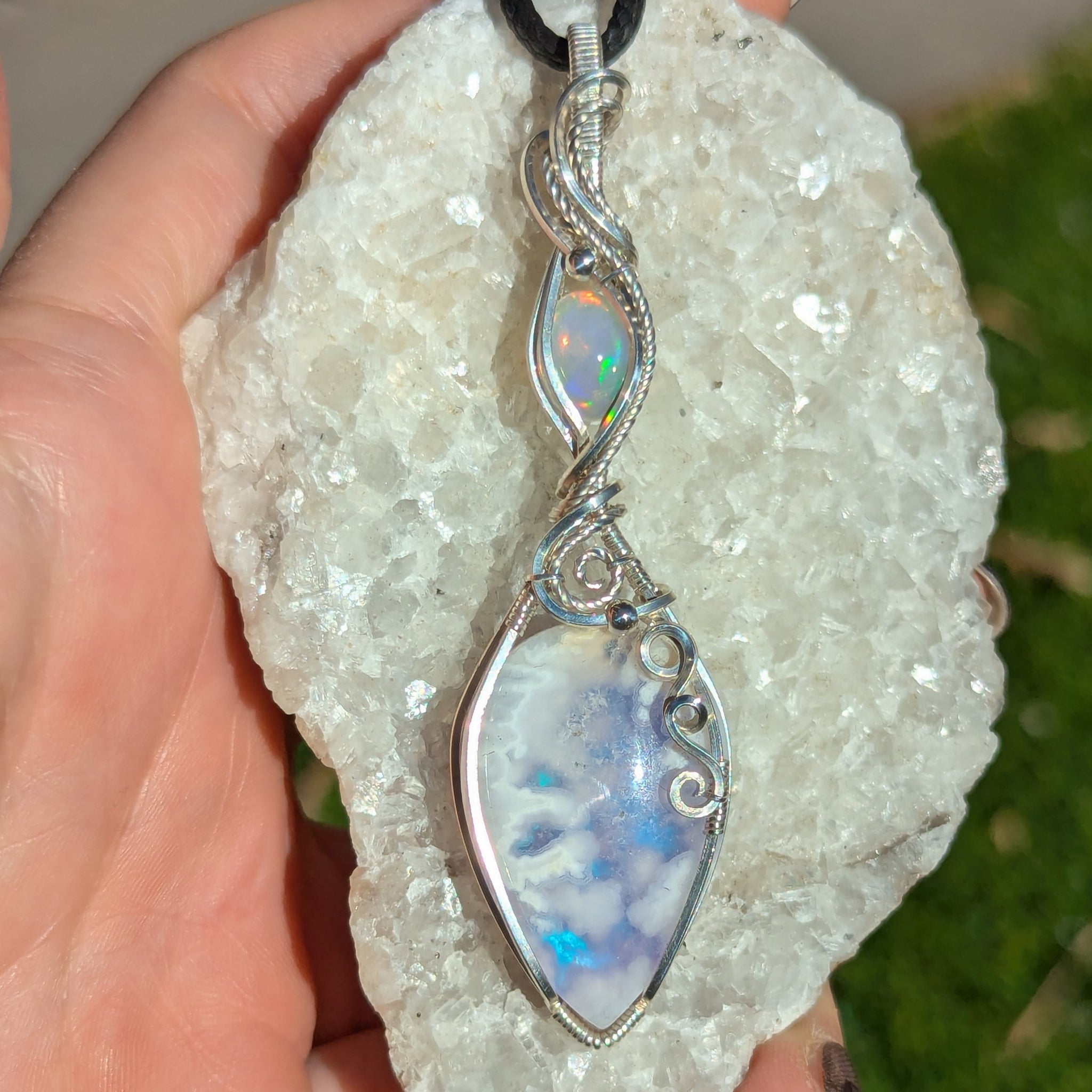 Plume Agate Doublet & Welo Opal Wire Wrapped Pendant in Sterling Silver
