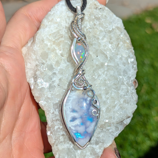 Plume Agate Doublet & Welo Opal Wire Wrapped Pendant in Sterling Silver