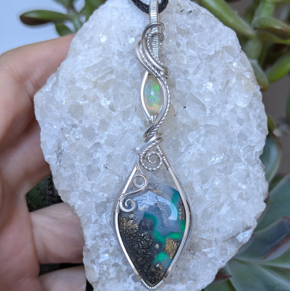 Marcasite Doublet & Welo Opal Wire Wrapped Pendant in Sterling Silver