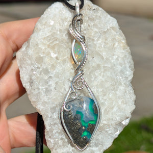 Marcasite Doublet & Welo Opal Wire Wrapped Pendant in Sterling Silver