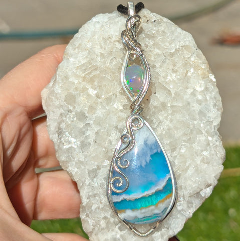 Plume Agate Doublet & Welo Opal Wire Wrapped Pendant in Sterling Silver
