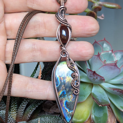 Labradorite & Smoky Quartz Wire Wrapped Oxidized Copper Pendant