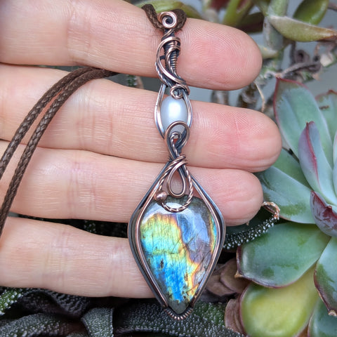 Labradorite & Silky Moonstone Wire Wrapped Oxidized Copper Pendant