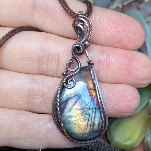 Labradorite Wire Wrapped Oxidized Copper Pendant