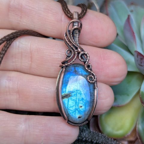 Labradorite Wire Wrapped Oxidized Copper Pendant