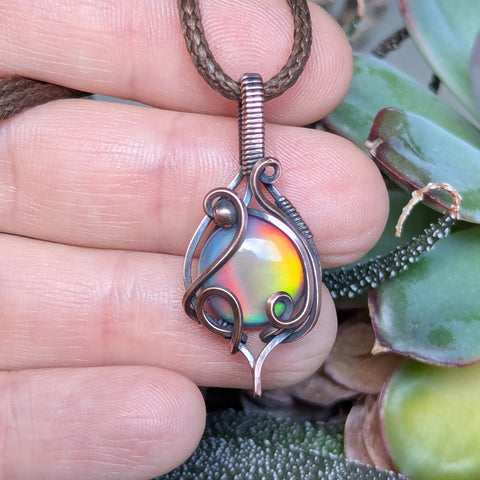 Aurora Opal Wire Wrapped Oxidized Copper Pendant