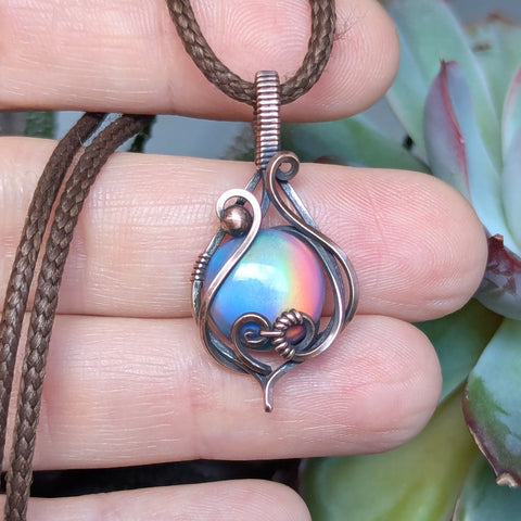 Aurora Opal Wire Wrapped Oxidized Copper Pendant