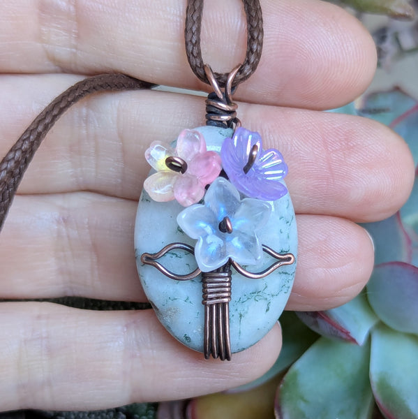 Tree Jasper Flower Bouquet Pendant in Oxidized Copper