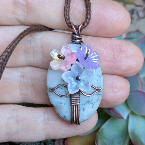Tree Jasper Flower Bouquet Pendant in Oxidized Copper
