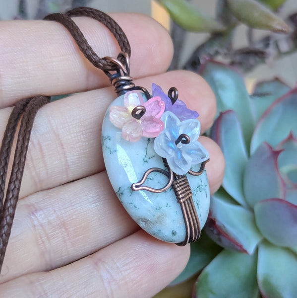 Tree Jasper Flower Bouquet Pendant in Oxidized Copper