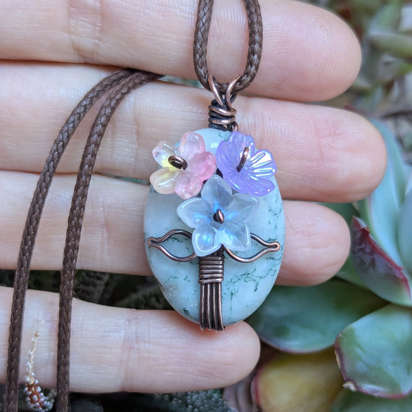 Tree Jasper Flower Bouquet Pendant in Oxidized Copper
