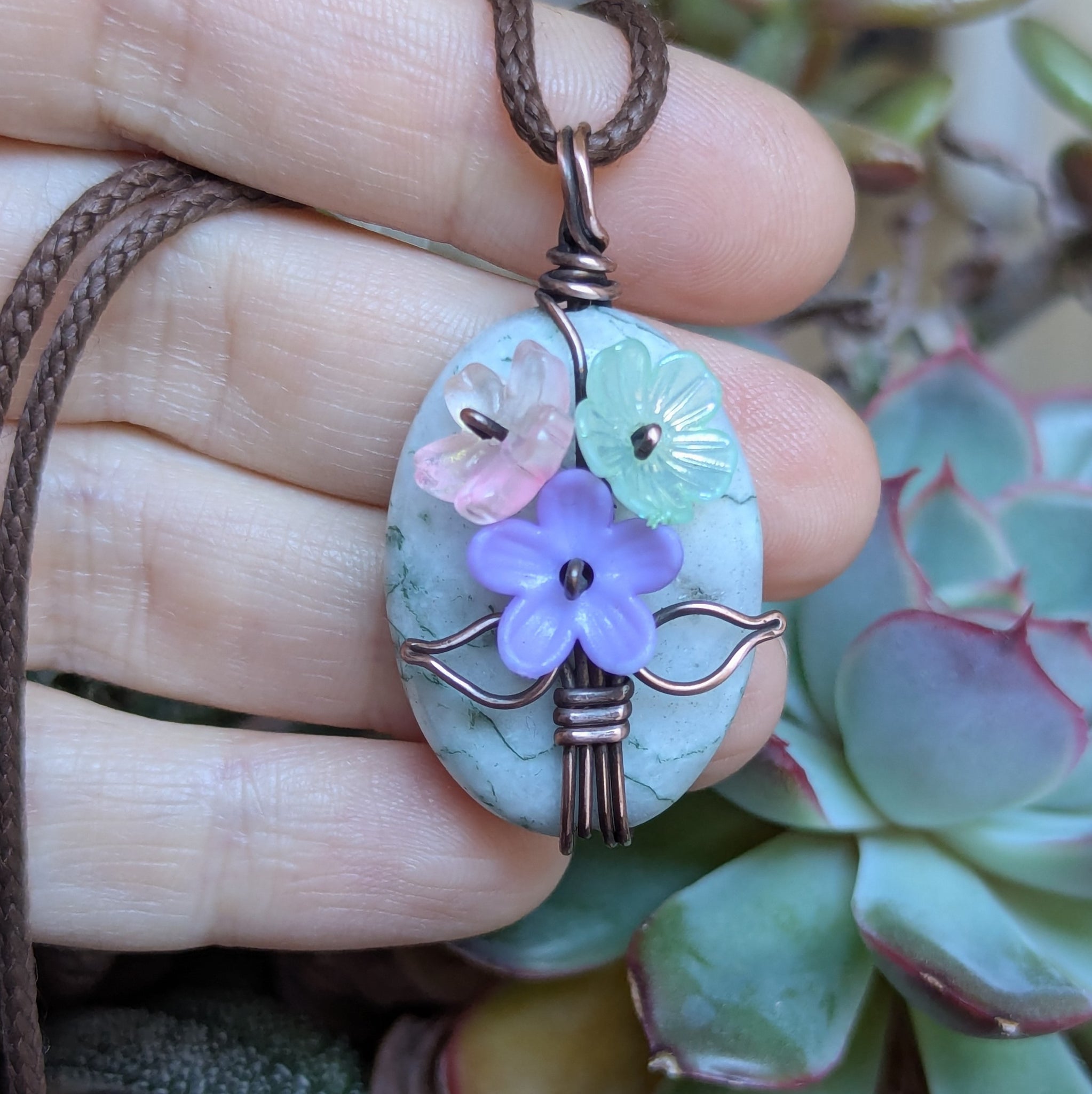 Tree Jasper Flower Bouquet Pendant in Oxidized Copper