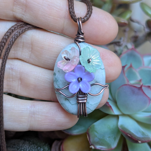 Tree Jasper Flower Bouquet Pendant in Oxidized Copper