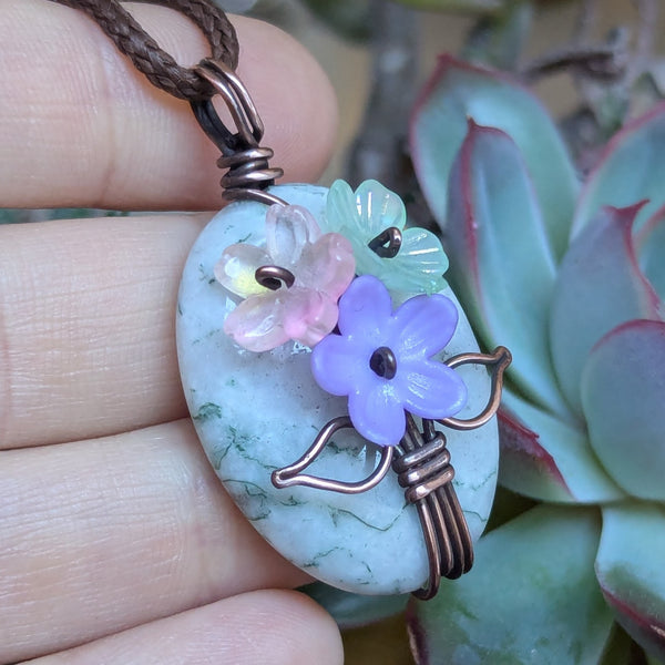 Tree Jasper Flower Bouquet Pendant in Oxidized Copper