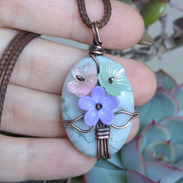 Tree Jasper Flower Bouquet Pendant in Oxidized Copper
