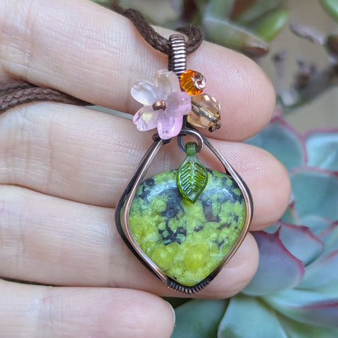 Lizardite Wire Wrapped Oxidized Copper Pendant