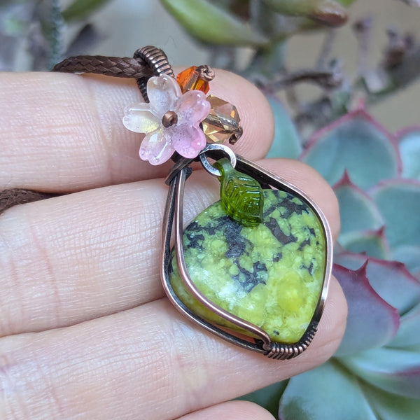 Lizardite Wire Wrapped Oxidized Copper Pendant