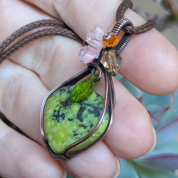 Lizardite Wire Wrapped Oxidized Copper Pendant