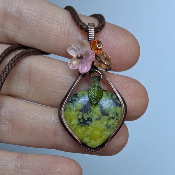 Lizardite Wire Wrapped Oxidized Copper Pendant