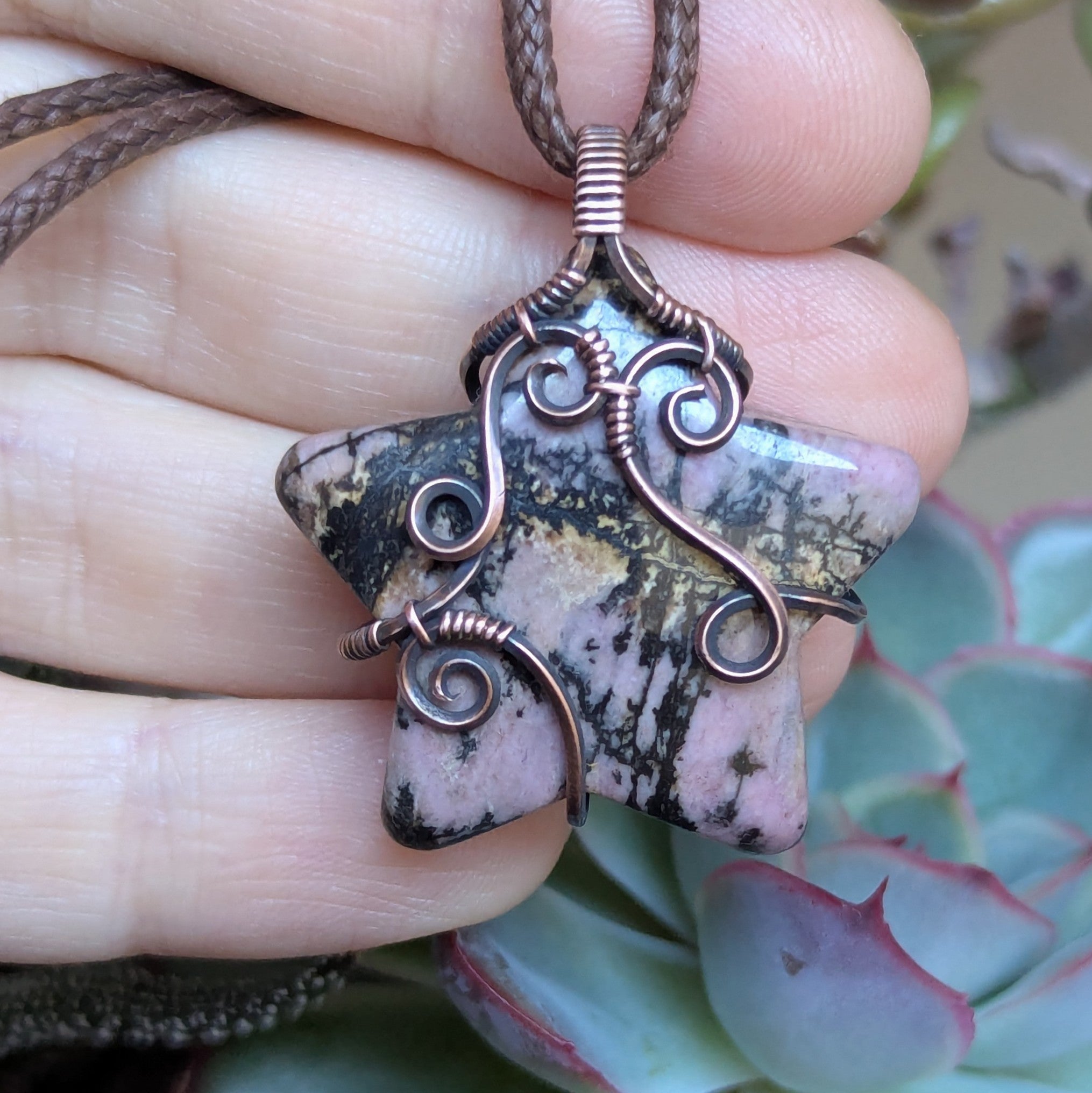 Rhodonite Star Wire Wrapped Pendant in Oxidized Copper
