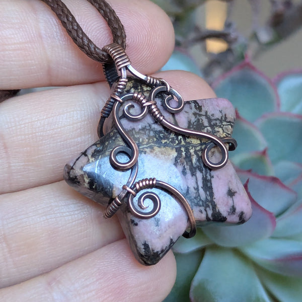 Rhodonite Star Wire Wrapped Pendant in Oxidized Copper