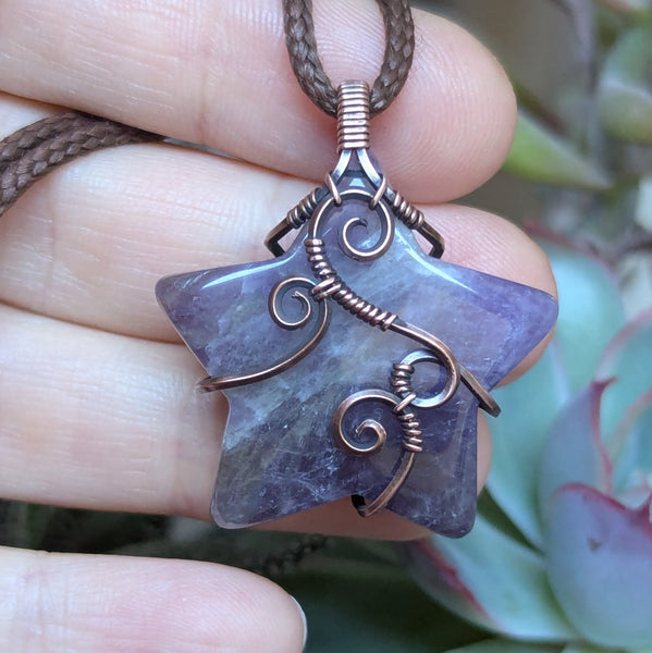 Amethyst Star Wire Wrapped Pendant in Oxidized Copper