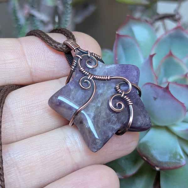 Amethyst Star Wire Wrapped Pendant in Oxidized Copper