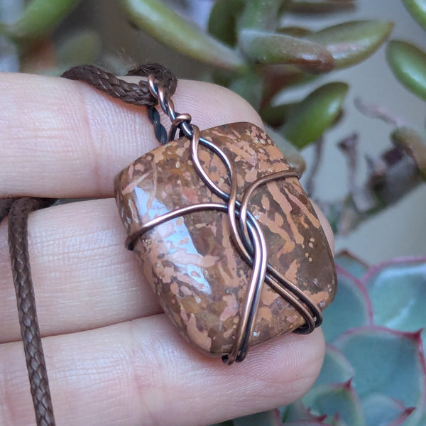 Starburst Jasper Wire Wrapped Oxidized Copper Pendant