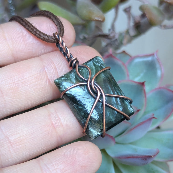 Seraphinite Wire Wrapped Oxidized Copper Pendant