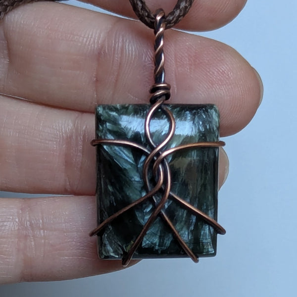 Seraphinite Wire Wrapped Oxidized Copper Pendant