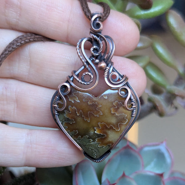 Suture Ammonite Heart Wire Wrapped Oxidized Copper Pendant
