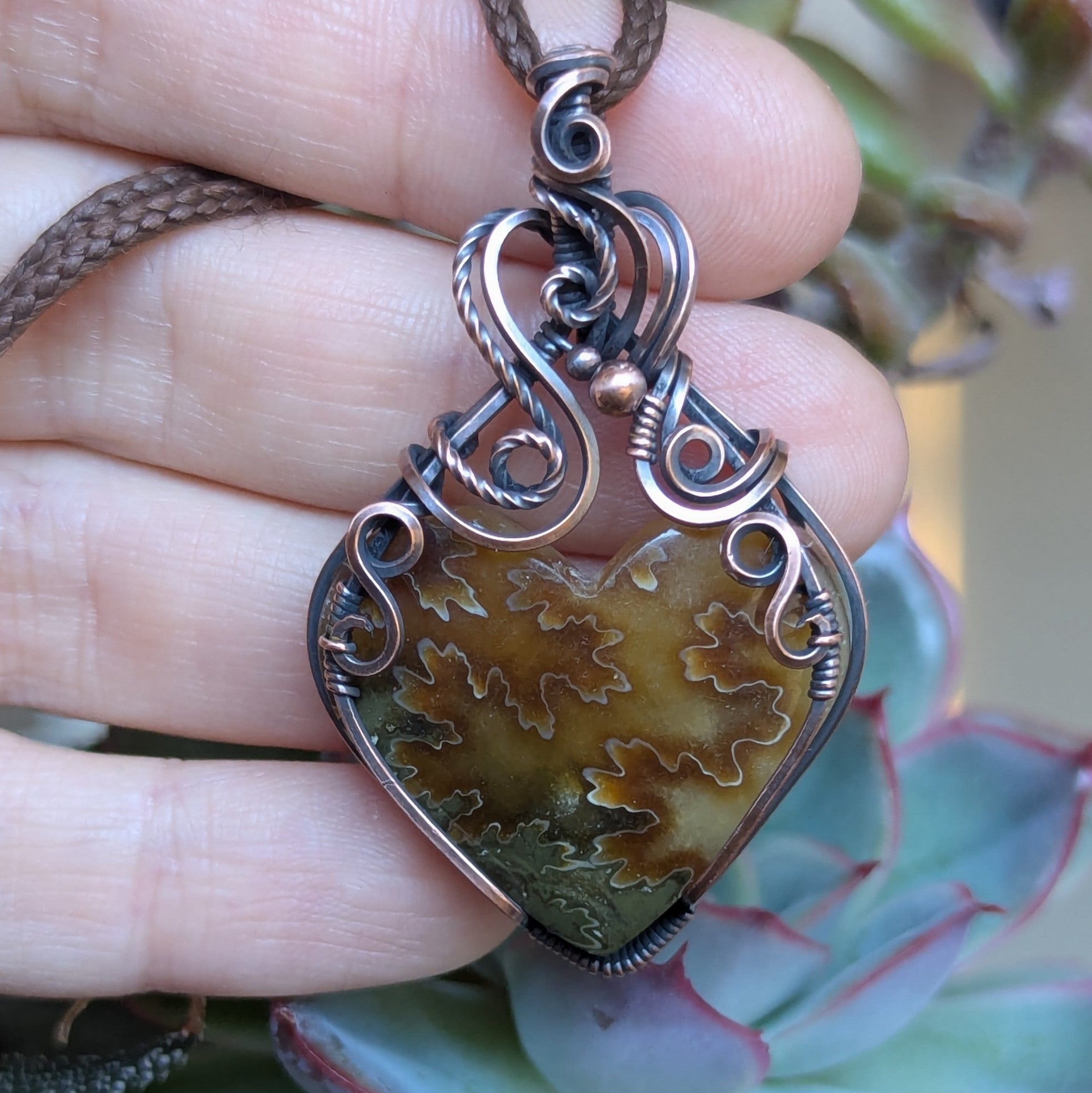 Suture Ammonite Heart Wire Wrapped Oxidized Copper Pendant