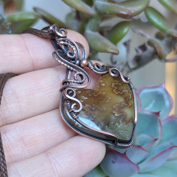 Suture Ammonite Heart Wire Wrapped Oxidized Copper Pendant