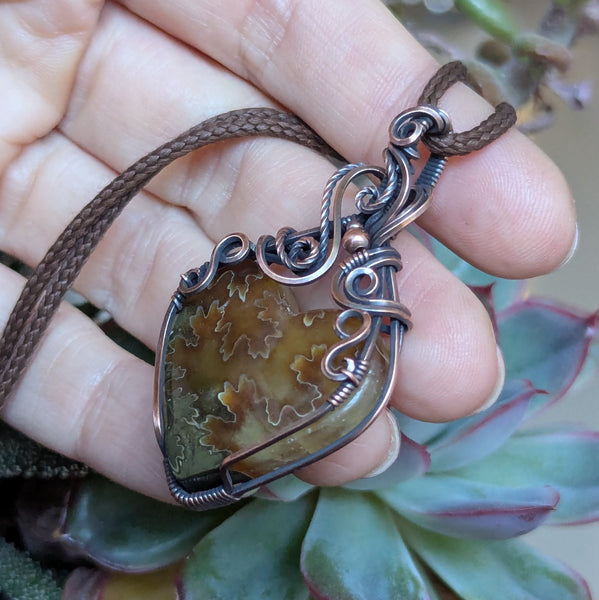Suture Ammonite Heart Wire Wrapped Oxidized Copper Pendant