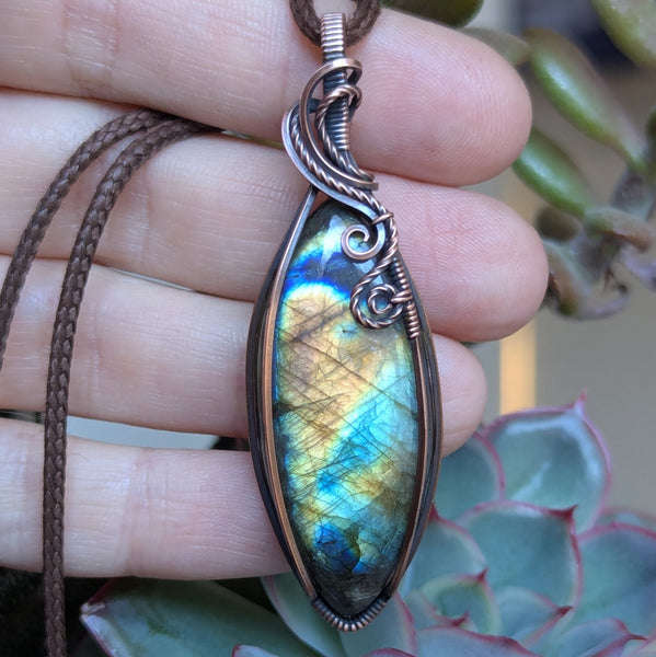 Labradorite Wire Wrapped Oxidized Copper Pendant