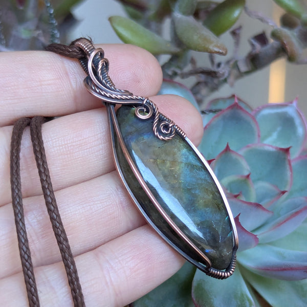 Labradorite Wire Wrapped Oxidized Copper Pendant