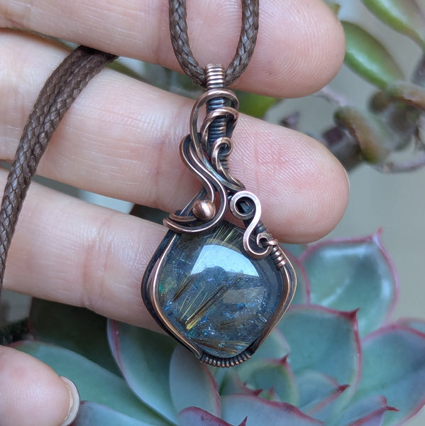 Golden Rutile Quartz Doublet Wire Wrapped Pendant in Oxidized Copper