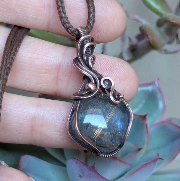 Golden Rutile Quartz Doublet Wire Wrapped Pendant in Oxidized Copper