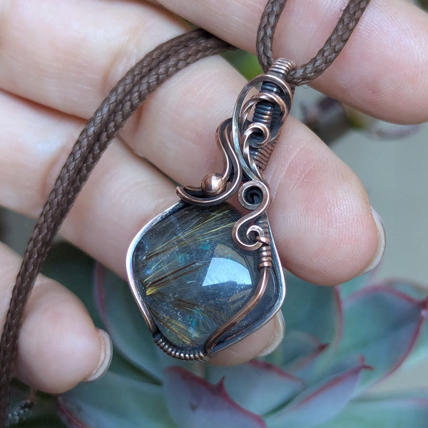 Golden Rutile Quartz Doublet Wire Wrapped Pendant in Oxidized Copper