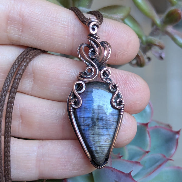 Labradorite Wire Wrapped Oxidized Copper Pendant
