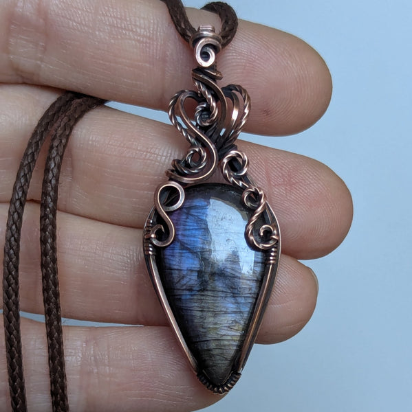Labradorite Wire Wrapped Oxidized Copper Pendant