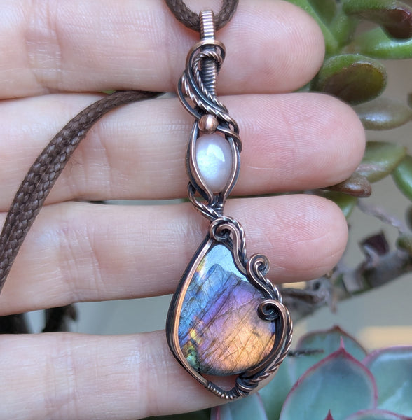 Labradorite & Peach Moonstone Wire Wrapped Oxidized Copper Pendant