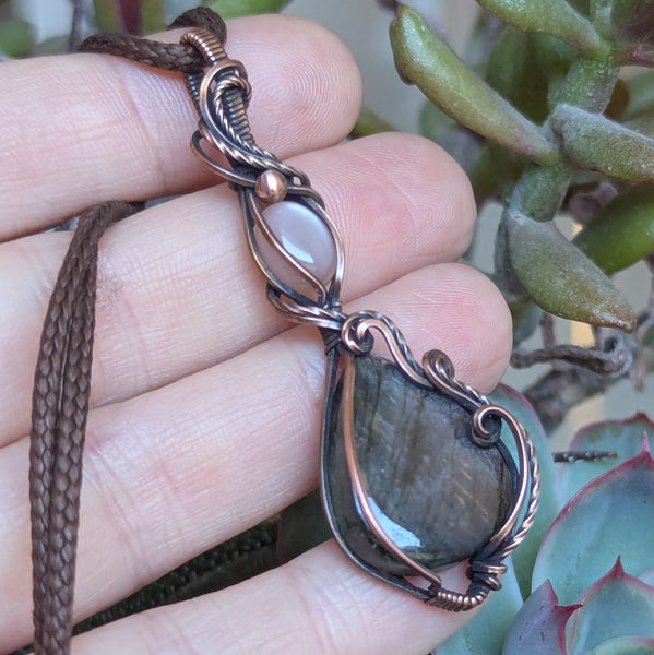 Labradorite & Peach Moonstone Wire Wrapped Oxidized Copper Pendant
