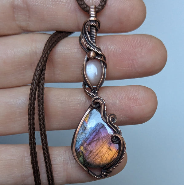 Labradorite & Peach Moonstone Wire Wrapped Oxidized Copper Pendant