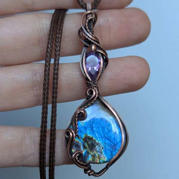 Labradorite & Amethyst Wire Wrapped Oxidized Copper Pendant