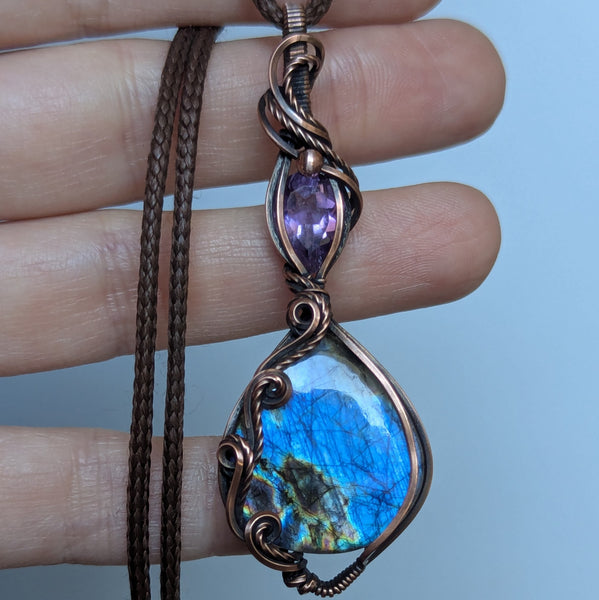 Labradorite & Amethyst Wire Wrapped Oxidized Copper Pendant