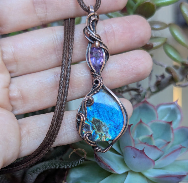 Labradorite & Amethyst Wire Wrapped Oxidized Copper Pendant