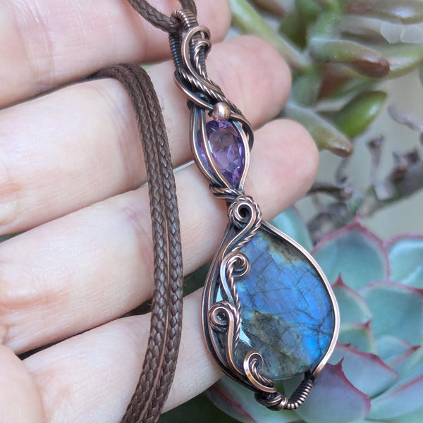 Labradorite & Amethyst Wire Wrapped Oxidized Copper Pendant