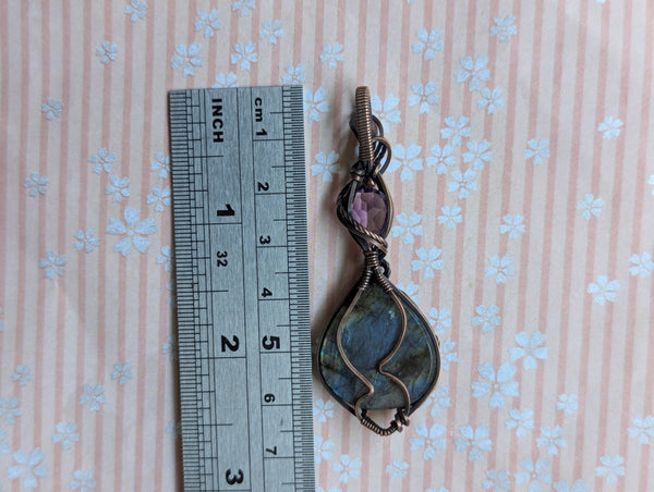 Labradorite & Amethyst Wire Wrapped Oxidized Copper Pendant
